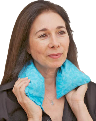 Woman wearing the Hot Flash Pillow around her neck